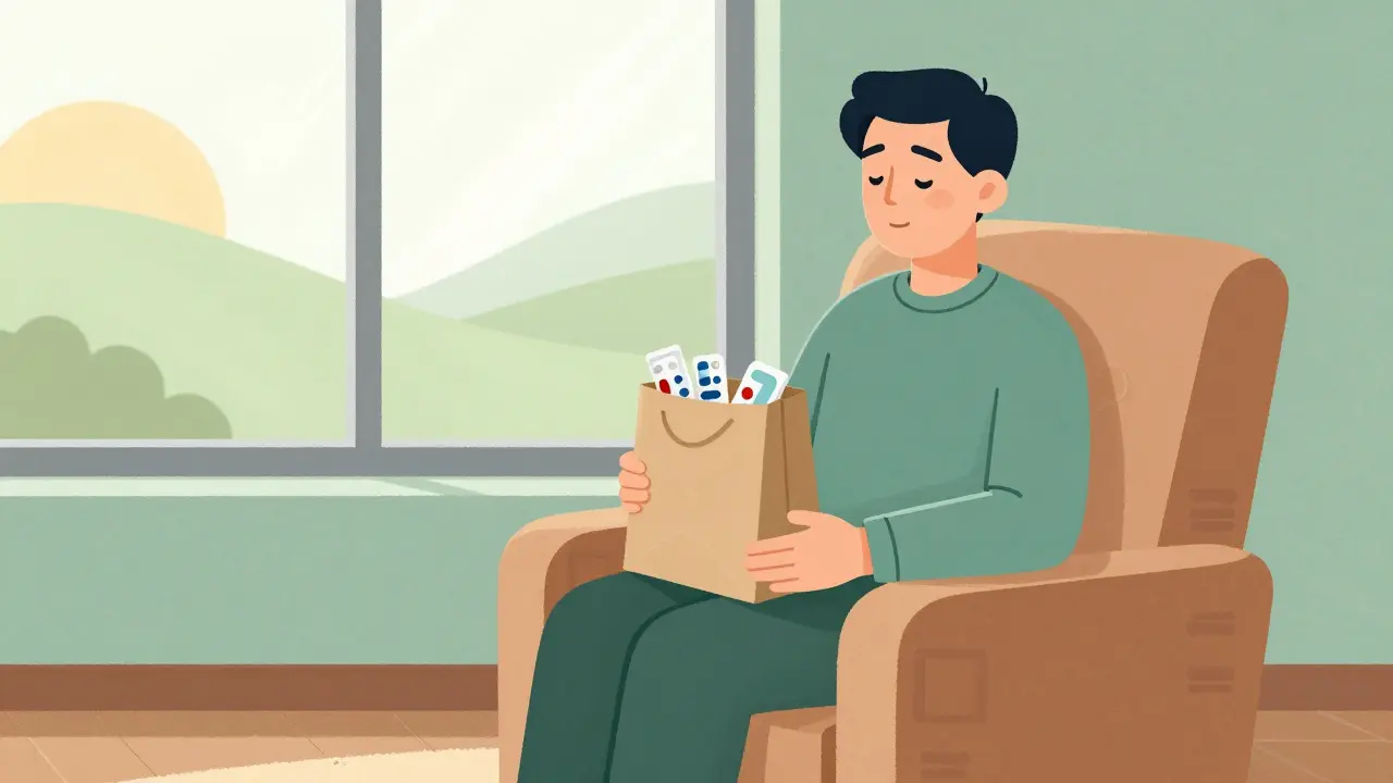 Relieved patient holding organized meds in a single bag.