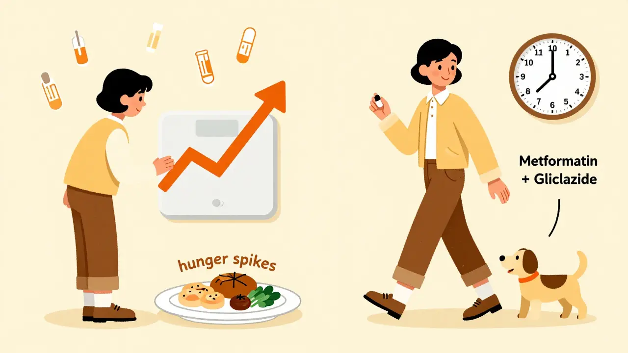 Split scene of a person experiencing hunger from sulfonylureas versus managing weight with lifestyle and better medication, mid-century illustration.