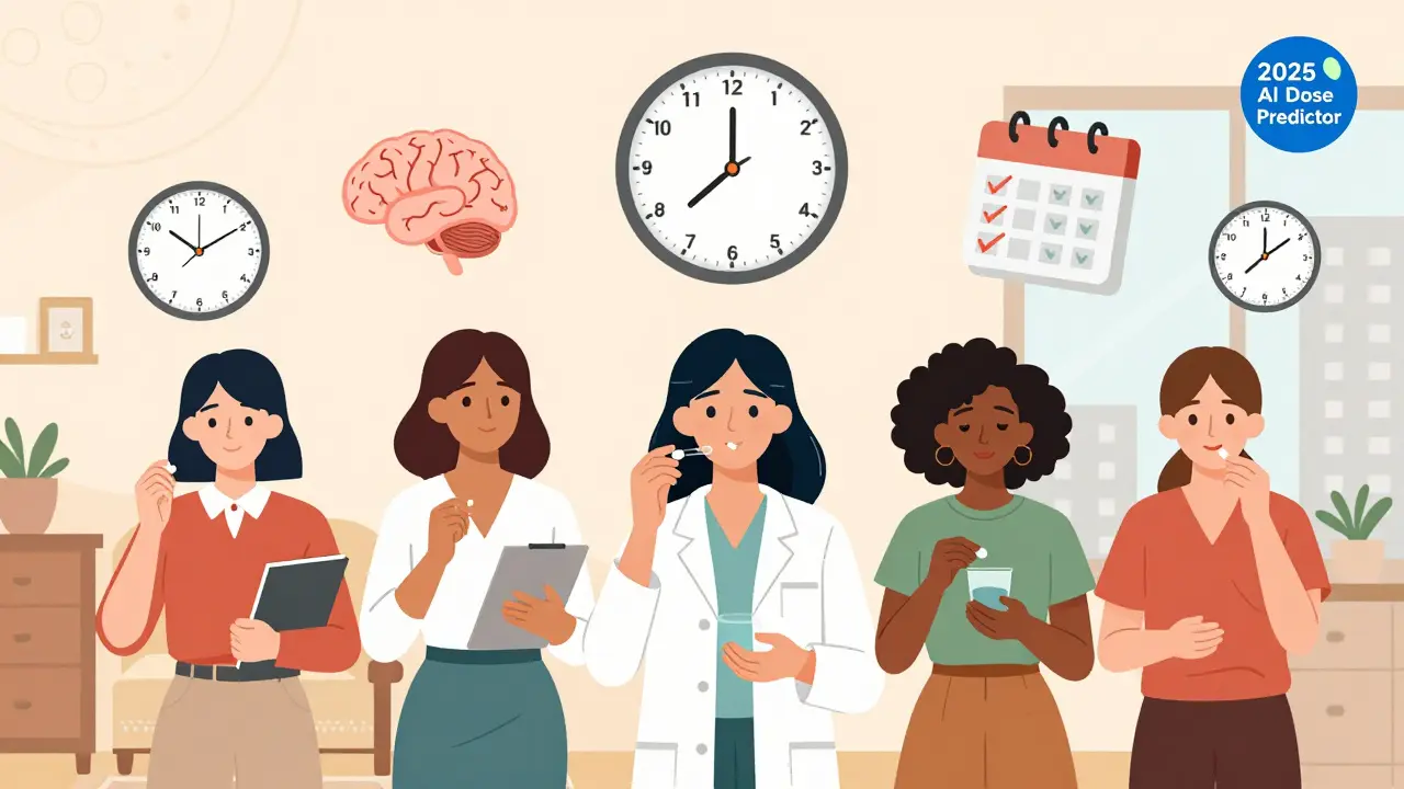 Women taking thyroid medication at different times and places with baby brain and calendar icons.