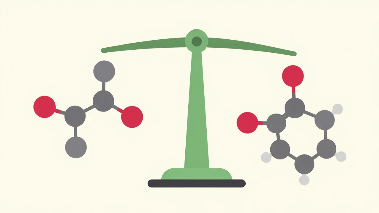 A conceptual balance scale showing two identical chemical structures to represent bioequivalence.
