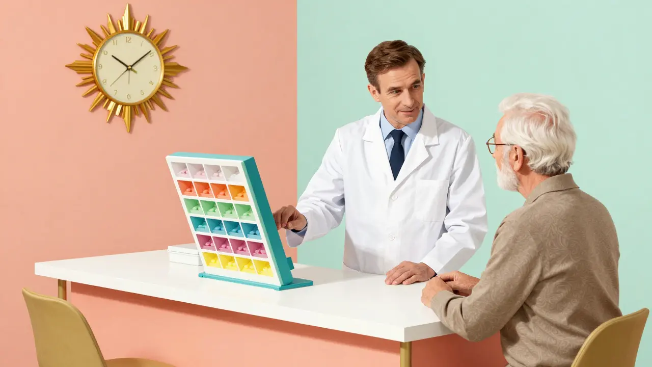 A pharmacist explaining medication changes to an elderly patient next to a pill organizer.