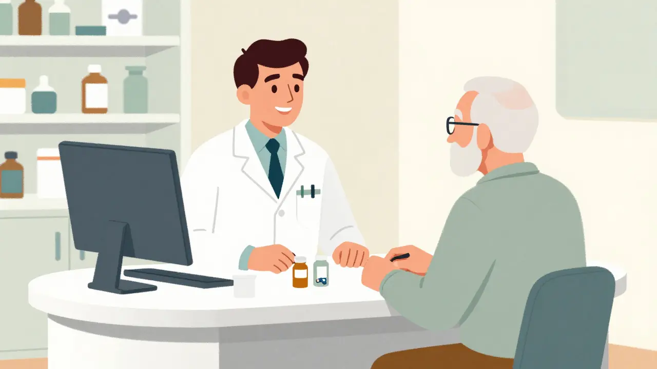A senior patient and pharmacist having a consultation at a minimalist desk.