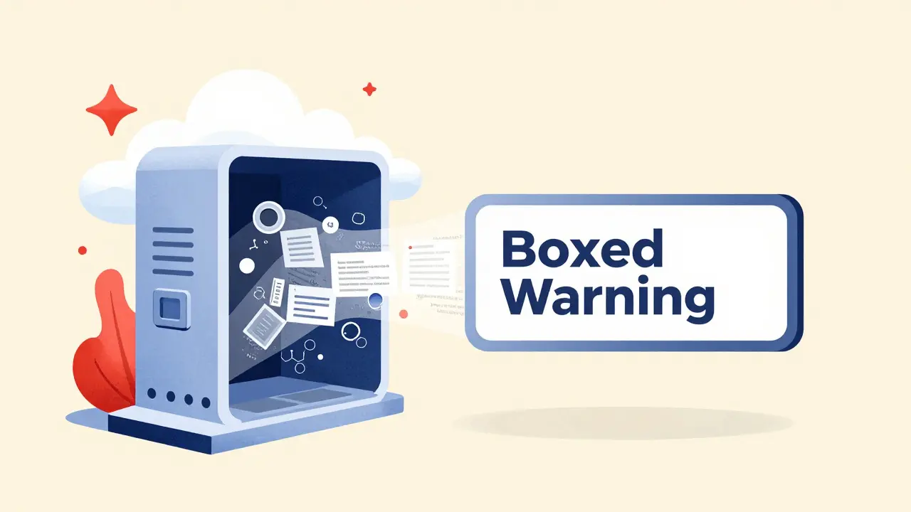 A stylized machine filtering complex medical text into a clear drug warning.
