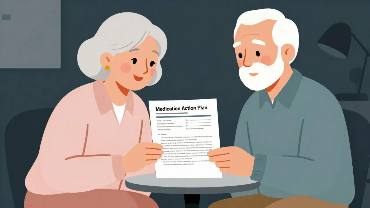 An elderly couple reviewing a medication action plan together on a modern side table.