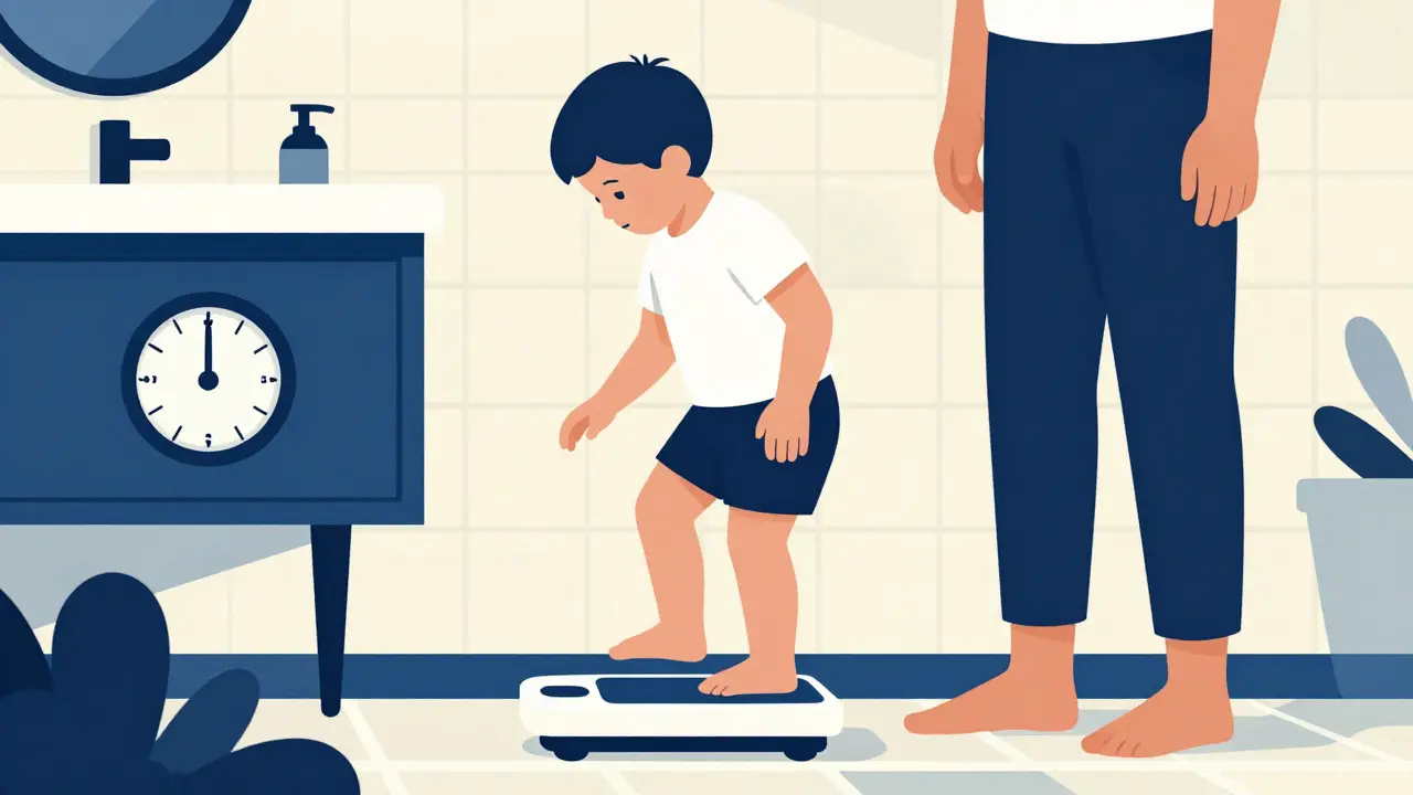 Child on scale with parent watching closely