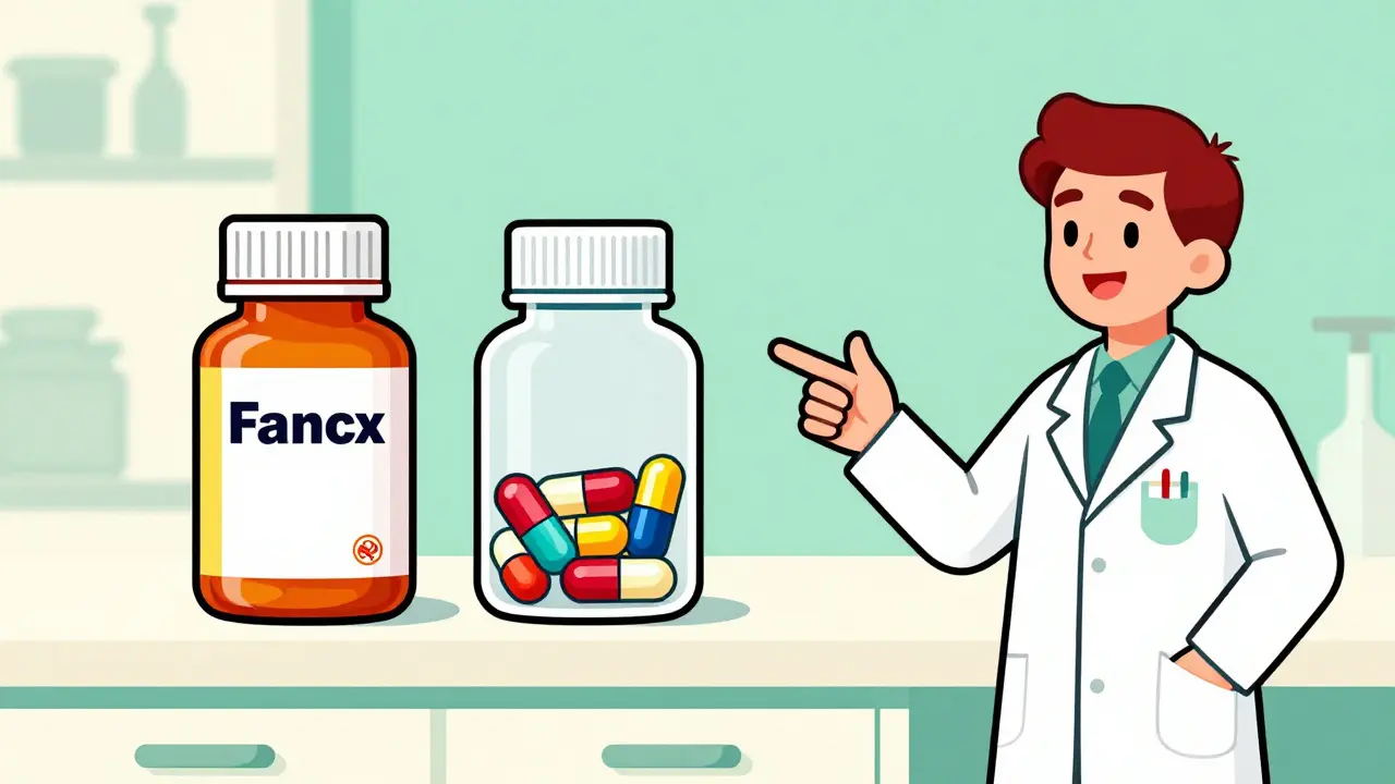 Comparison of brand-name and generic medication bottles with a pharmacist