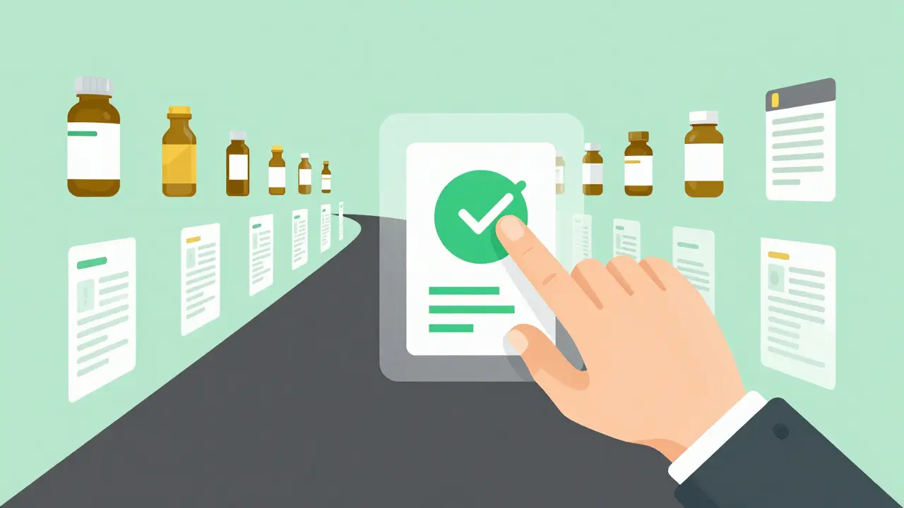 Conceptual illustration of a digital inventory system managing pharmacy orders and invoices