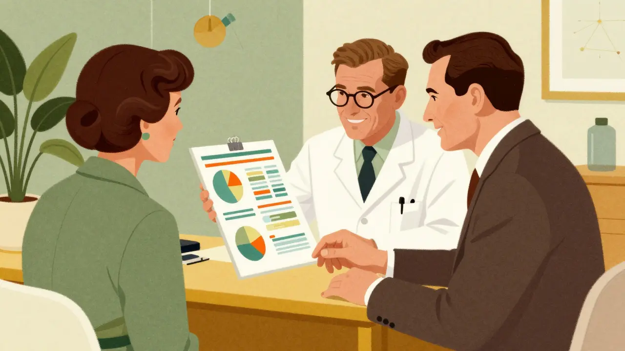 Doctor and patient reviewing health data in a vintage office.