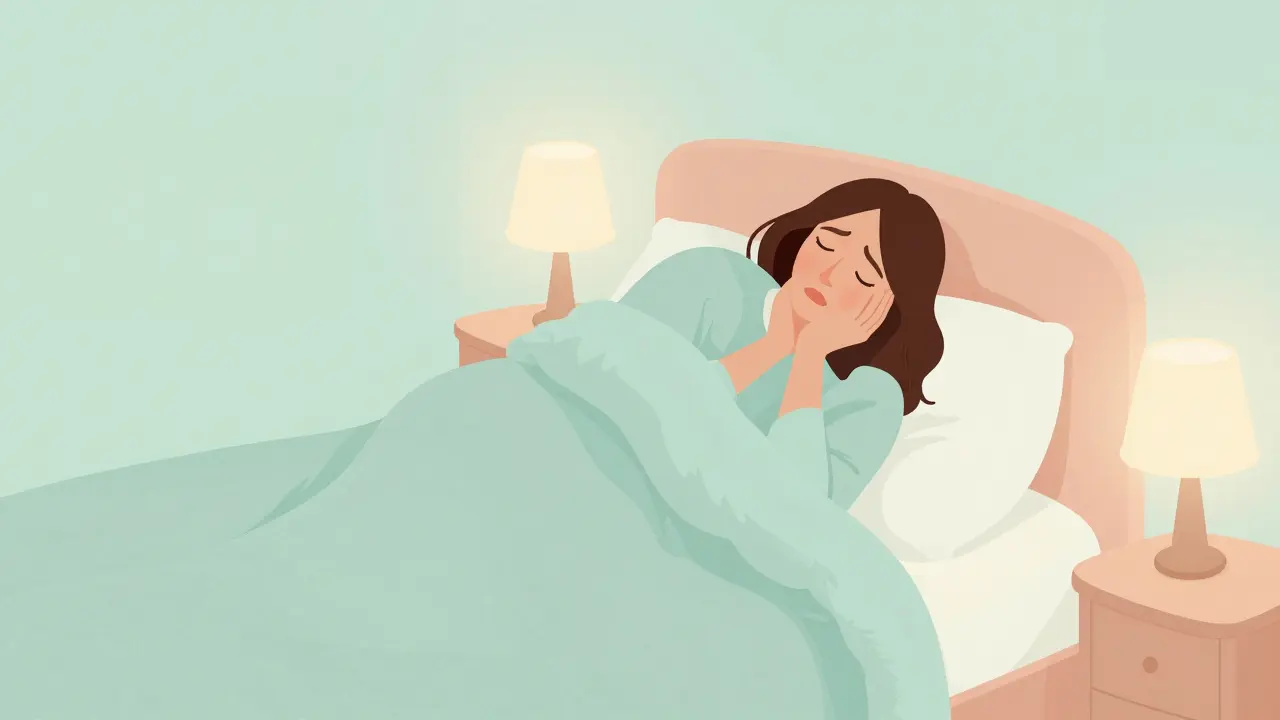 Exhausted mother wrapped in a blanket in a mid-century modern bedroom