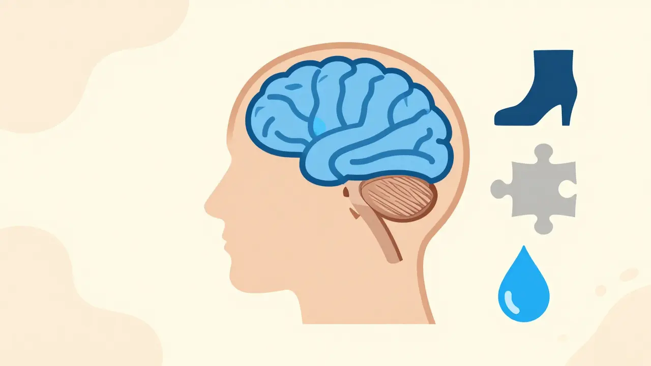 Graphic illustration of a human head showing enlarged ventricles and NPH symptoms