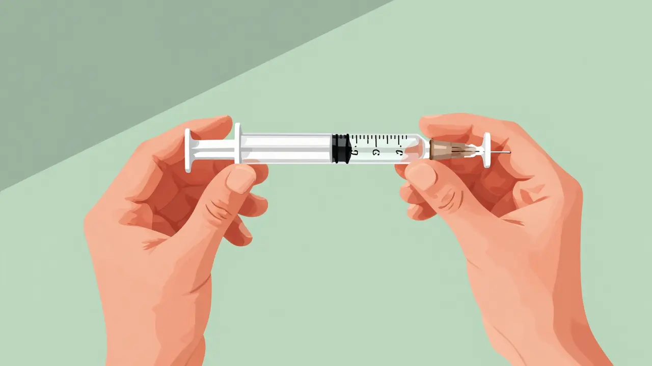 Hands holding medicine syringe at eye level