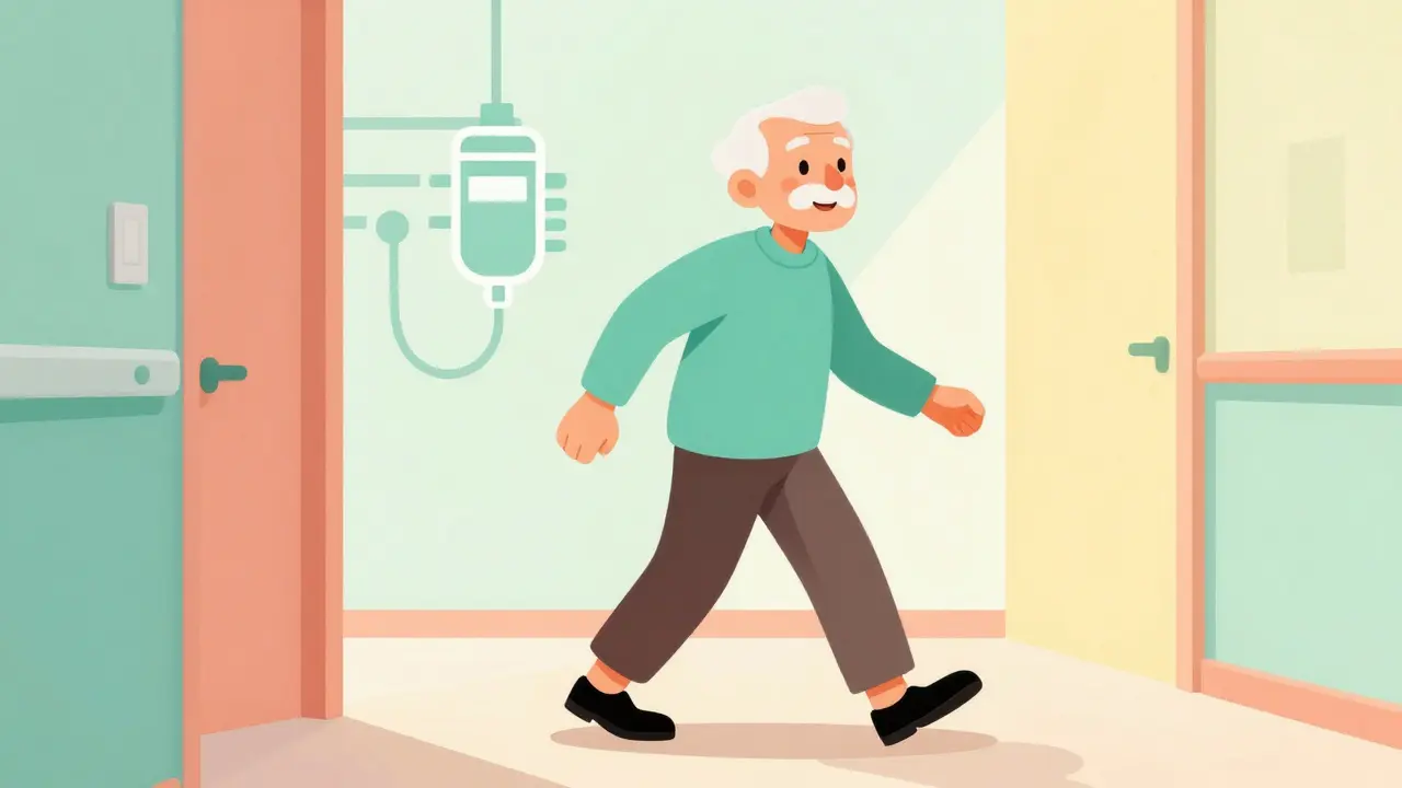 Happy elderly person walking confidently after successful medical treatment