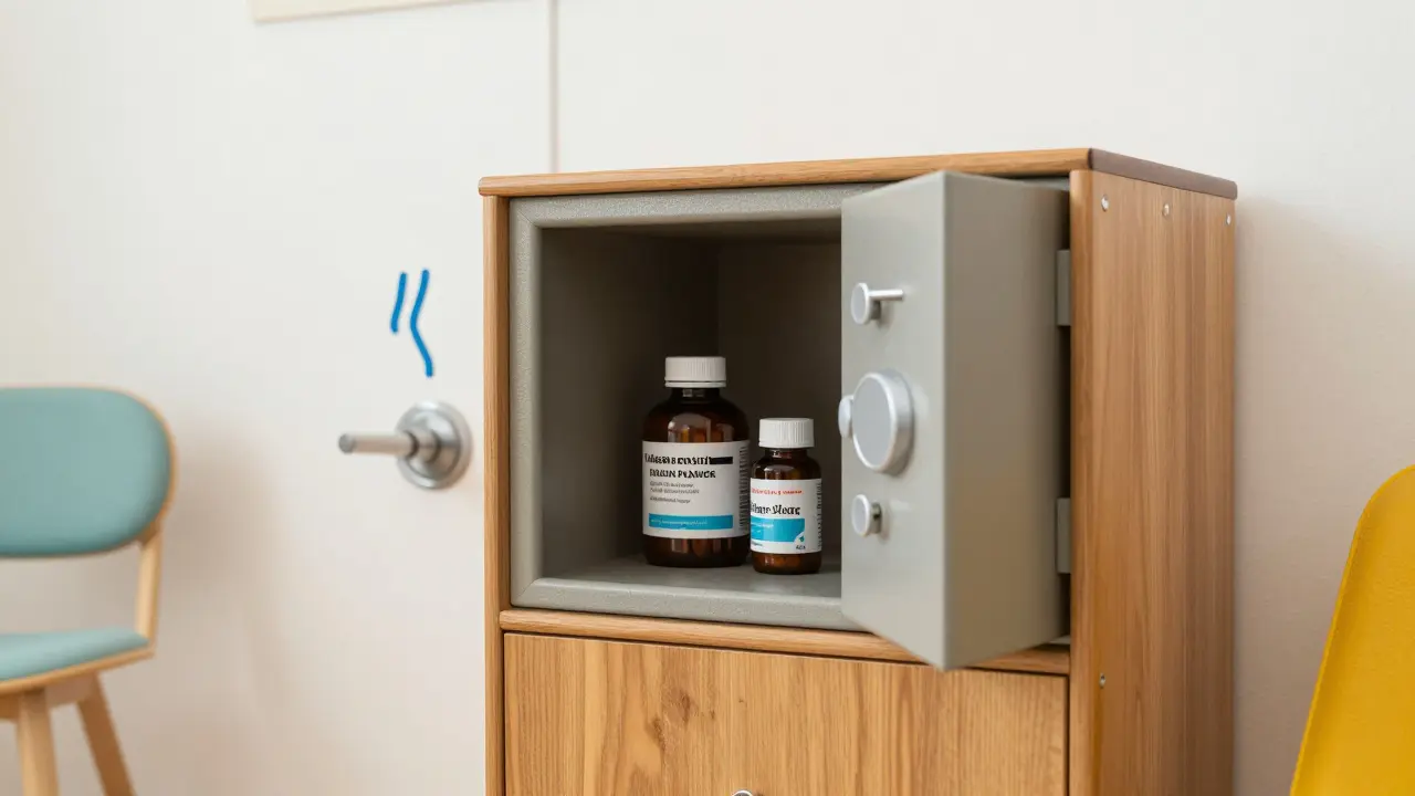 Mid-century modern illustration of medication stored safely in a cool cabinet