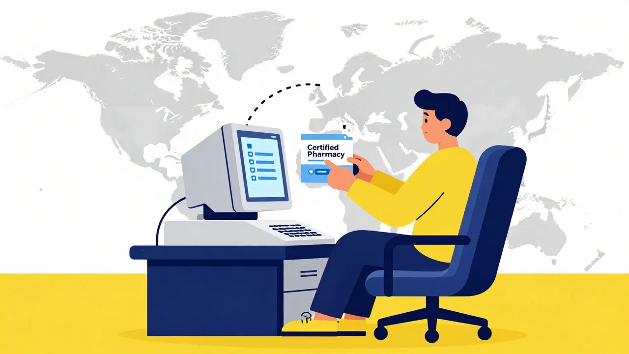 Person using a vintage computer to order medication from a certified pharmacy