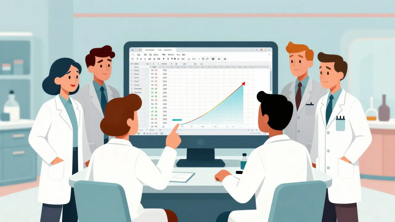 Scientists analyzing drug label data on a retro computer screen in a lab.