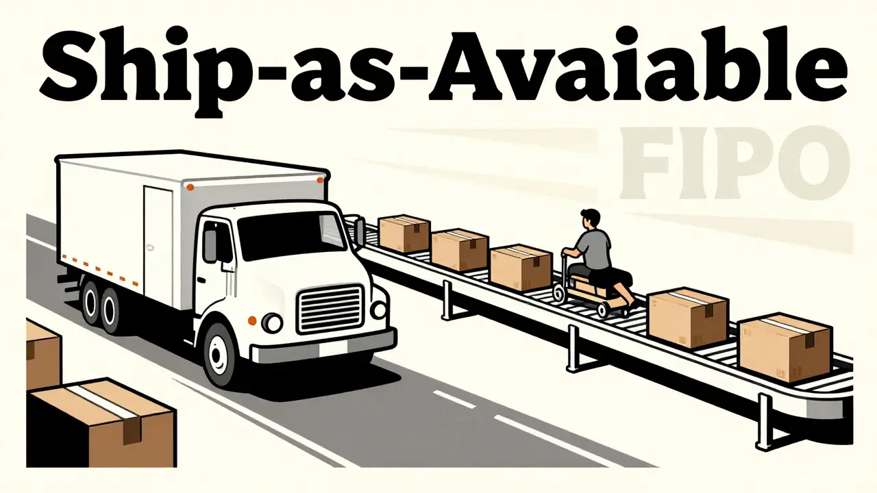 Stylized delivery truck and conveyor belt showing efficient FIFO inventory fulfillment